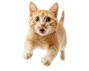 Surprised orange cat caught mid leap with wide eyes and open mouth, showcasing its playful nature and curiosity. delightful moment of feline excitement