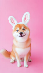 Obraz premium Adorable shiba inu puppy wearing fluffy bunny ears on vibrant pink backdrop studio shot
