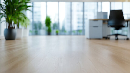 Fototapeta premium Modern open space office with wooden floor and plants, creating serene atmosphere. blurred background highlights clean design and natural light