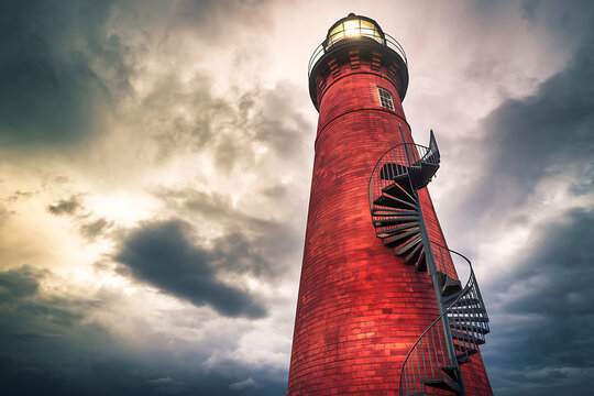 Red Brick Lighthouse Against Dramatic Stormy Sky - Powered by Adobe