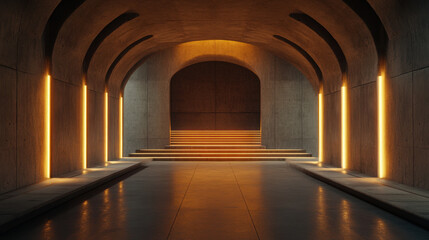 Naklejka premium Modern concrete interior with illuminated steps and arches, creating dramatic atmosphere. warm lighting contrasts with cool concrete, enhancing architectural design