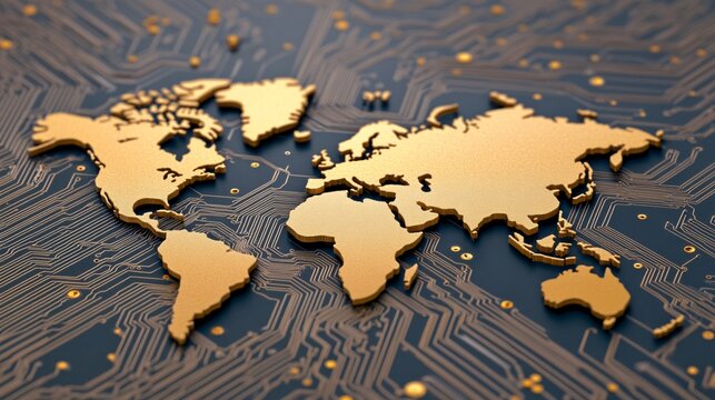 digital world map with circuit board design for technology concepts
