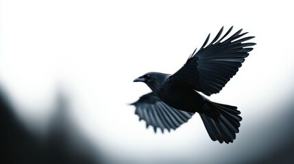Obraz premium Black Bird in Flight Against Blurred Background Avian Elegance Soaring Through Skies Serene