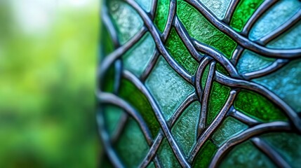 Intricate Green Stained Glass Design with Intertwined Patterns