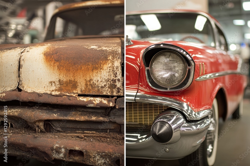 Poster Transformation of a classic car from rusty and worn to polished and shiny in a restoration process. Generative AI
