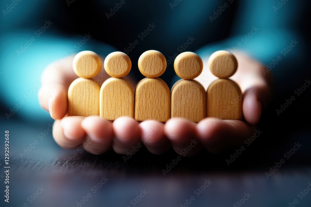Aufkleber group of wooden figurines representing teamwork and collaboration in hands symbolizing support and u