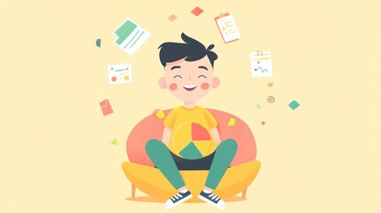 Happy boy sitting, holding a pie chart, surrounded by documents and confetti.