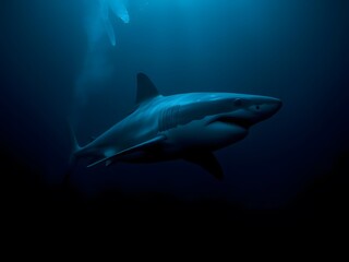Fototapeta premium A Great White Shark Gliding Through a Dark Ocean, Surrounded by the Glow of Bioluminescent Creatures