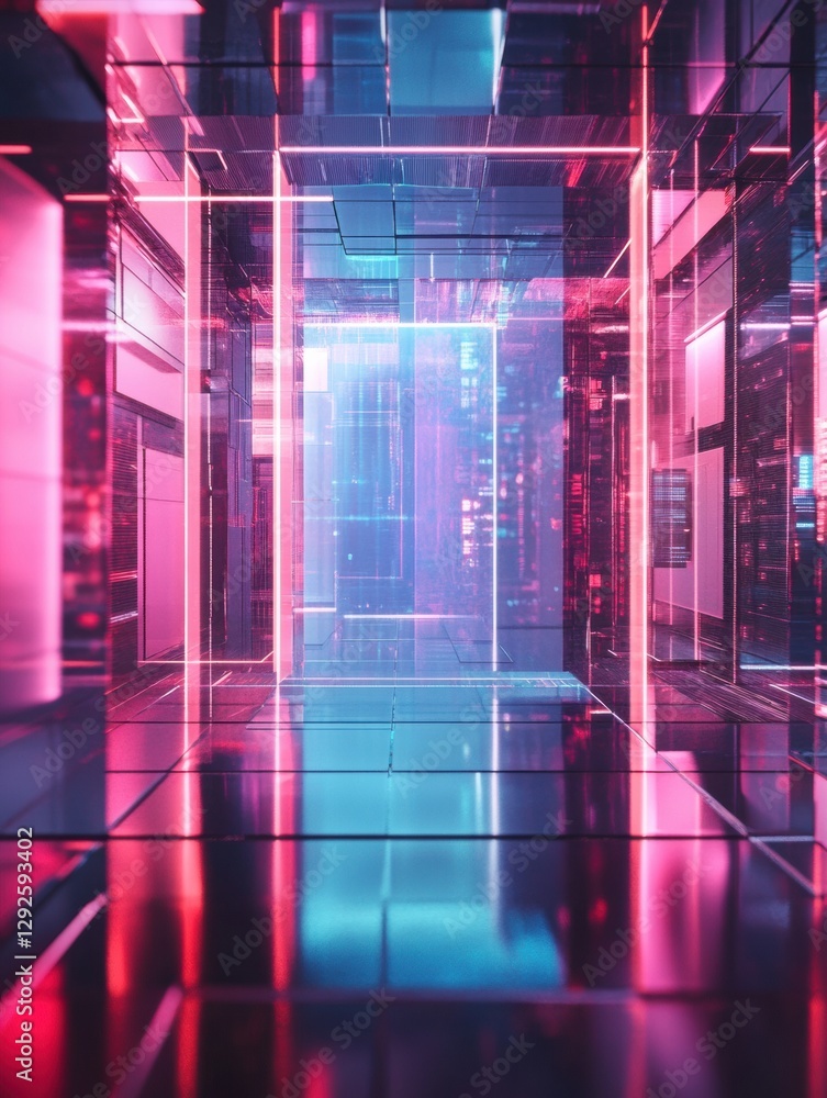Poster colorful futuristic hallway with neon lights and reflective surfaces creating an immersive digital e
