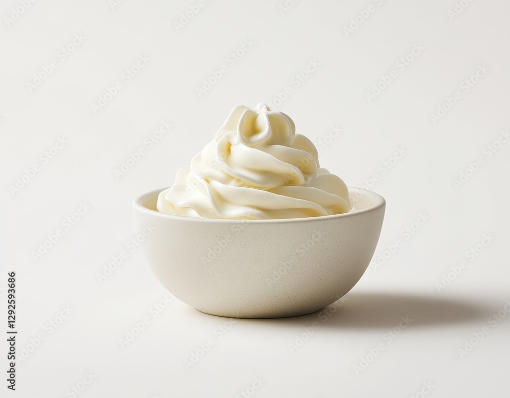 Poster creamy swirls of whipped topping in a minimalist bowl on a soft white background emphasizing simplic
