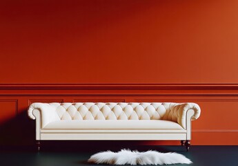 Elegant vintage couch against a deep orange wall in modern setting