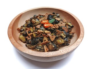 Fried snails (Pila ampullacea) with fried garlic in wooden bowl isolated on white background