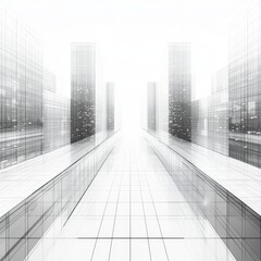 Fototapeta premium Futuristic Urban Landscape with Sleek Transparent Skyscrapers and Pathway in Minimalistic Style Surrounded by Bright Light and Depth