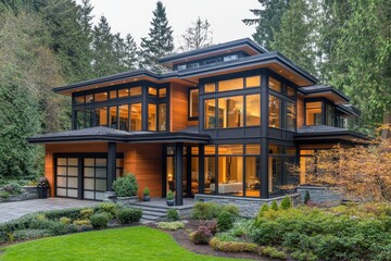 Fototapeta premium Modern house with large windows, wood and black accents. Ideal for real estate, architecture, and luxury lifestyle websites.