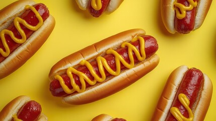 A vibrant flat lay of classic hot dogs with mustard on a bright yellow background, celebrating National Corn Dog Day.