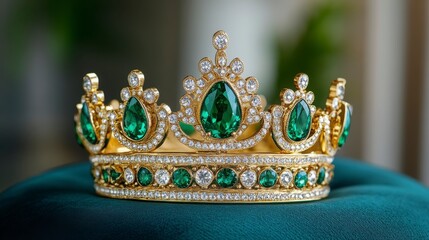 Fototapeta premium Elegant Gold Crown with Emerald and Diamond Gemstones on Display
