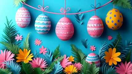 Decorative Easter Eggs Hanging Above Paper Cutout Flowers and Leaves Spring Celebration Scene