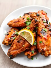  Juicy Grilled Chicken Wings with Fresh Lemon Garnish on a Clean White Plate, Highly Detailed Food Shot