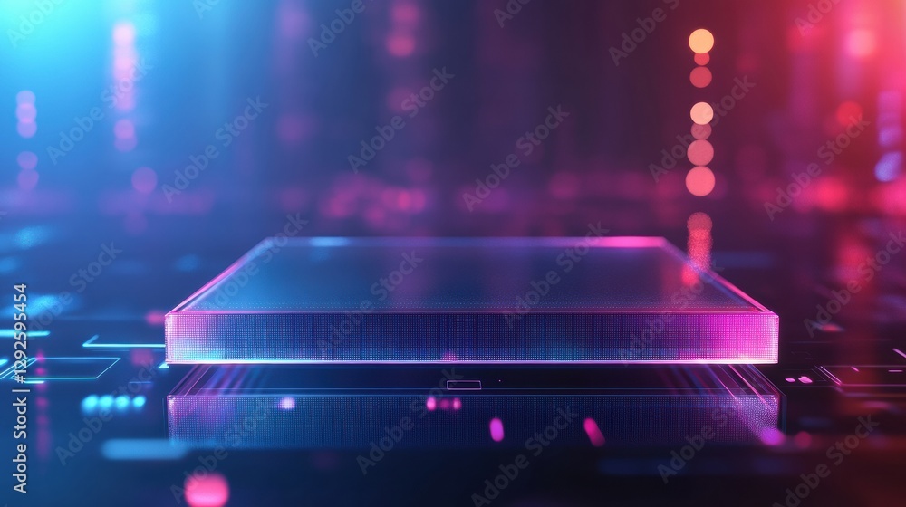 Poster futuristic glowing circuit board technology illuminated with vibrant blue and pink lights in a dark 
