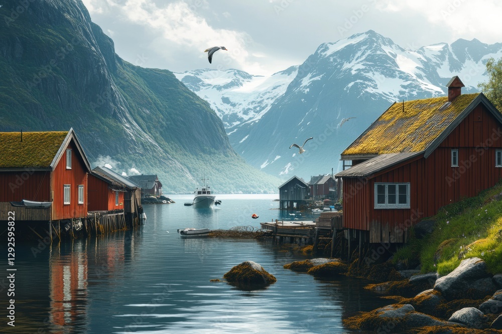 Poster Scenic view of rustic red cabins along a calm fjord with mountains and boats in the background during daylight hours. Generative AI