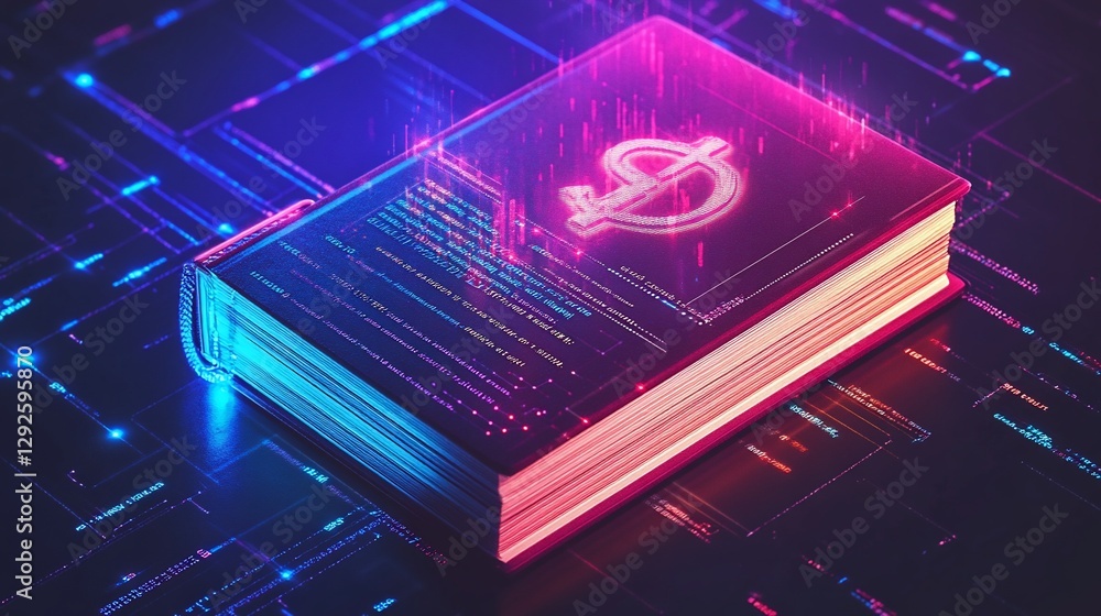 Poster a book glows with digital elements and a dollar sign, representing financial technology and informat