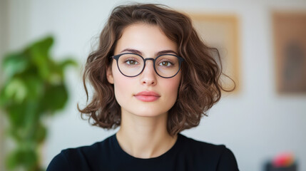 Serious young attractive woman with glasses, posing confidently in modern office setting. Her curly hair frames her face, creating professional yet approachable look