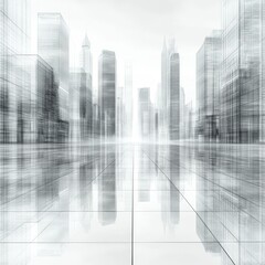 Futuristic Cityscape with Glass Buildings and Reflections on a Smooth Surface in Monochrome Style