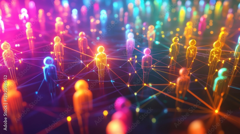 Leinwandbilder futuristic digital network with colorful 3d avatars interconnected by glowing neon lines in a vibran