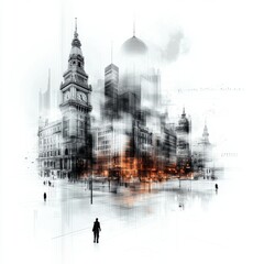 Artistic Urban Landscape with Abstract Buildings, Dramatic Lighting, and Silhouetted Figures in a Modern City Environment