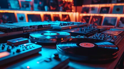 Vinyl Records and Electronic Music Production Setup with Glowing Ambient Lights at Night