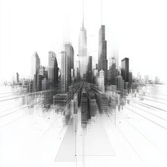 Futuristic Cityscape Illustration Showing Skyscrapers with Abstract Lines and Geometric Shapes in Monochrome Palette