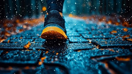 Footwear Adventure on Wet Brick Path Through the Winter Season Nature Walk and Active Lifestyle
