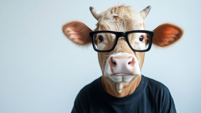 a cow is wearing a black t-shirt and glasses
