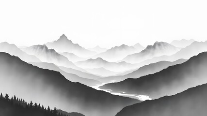 A tranquil mountain scene painted in traditional ink style, with soft grays blending into misty peaks and flowing rivers.