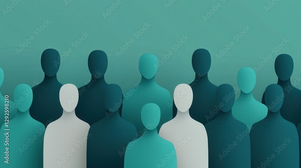 Poster a group of stylized human figures in varying shades of teal, creating a modern and minimalistic visu