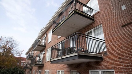 Brick apartment building balconies, autumn sky. Stock photo for real estate