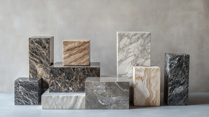 Marble pedestals with metal platform on top for display product, exhibit or trophy. Vector realistic set of empty steel podiums on stone base different shapes for showcase, museum or exposition