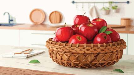 Red Apple Illustration vector design, Apples in wicker basket on table in kitchen vector design