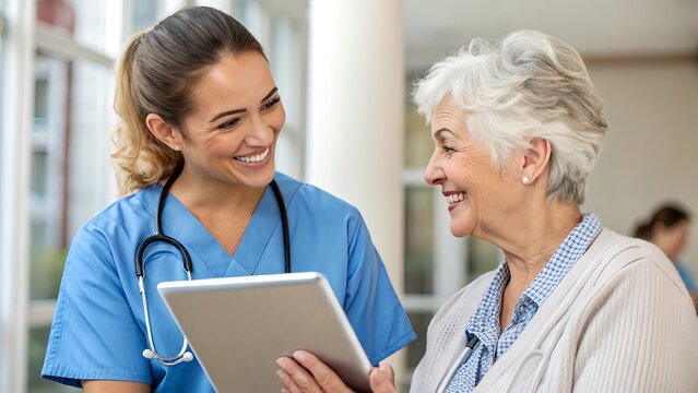 Elderly Patient Receiving Medical Advice from Smiling Nurse or GP, Viewing Prescription and Results on Tablet in Modern Hospital