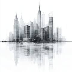 Fototapeta premium Abstract artistic city skyline with high-rise buildings and reflections in monochrome color scheme, evoking modern urban atmosphere and architectural beauty