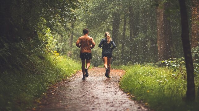 A couple jogging along a scenic forest trail, soft summer rain adding a refreshing touch, fitness and nature concept