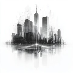 Fototapeta premium Modern city skyline with abstract digital overlay in monochrome shades reflected on a tranquil surface showcasing urban architecture and innovative design concepts