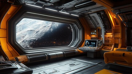 Spaceship Interior with View of a Distant Planet