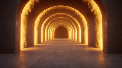 dimly lit underground tunnel with arched ceilings and warm glowing lights creates mysterious atmosphere. stone walls and floor add to ancient feel of space