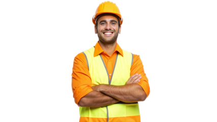 Portrait of a smiling male labor worker, standing confidently with arms crossed in a proud and approachable pose. He is wearing a bright yellow shirt, orange safety vest, and a sturdy safety helmet