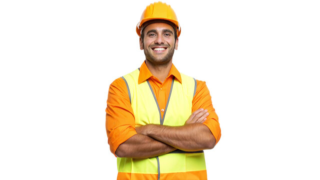 Portrait of a smiling male labor worker, standing confidently with arms crossed in a proud and approachable pose. He is wearing a bright yellow shirt, orange safety vest, and a sturdy safety helmet