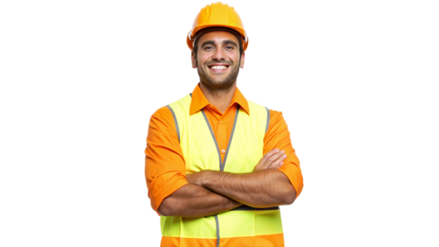 Portrait of a smiling male labor worker, standing confidently with arms crossed in a proud and approachable pose. He is wearing a bright yellow shirt, orange safety vest, and a sturdy safety helmet