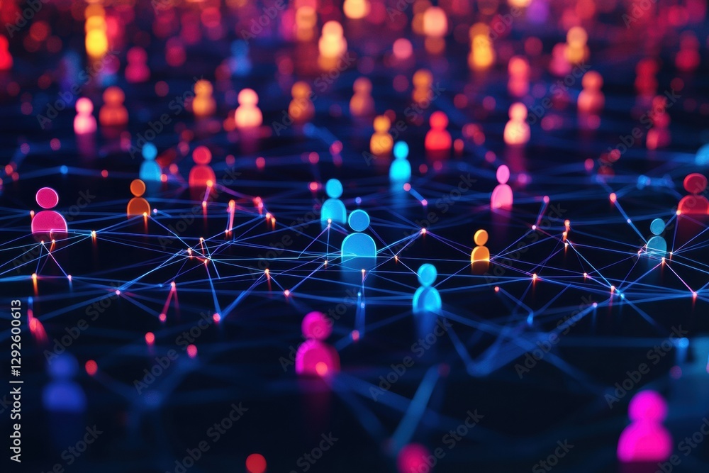 Poster Colorful 3D avatars connected by glowing lines to represent digital social media interaction in a virtual environment. Generative AI