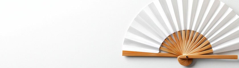 Elegant White Hand Fan with Wooden Handle on Clean Backdrop Minimalist Design and Aesthetic 85 Chars