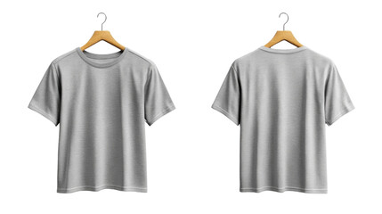 Gray t shirt displayed from front and back on hangers, showcasing design options